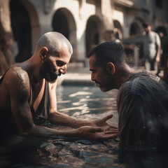 Hurting man come to a pool in the marketplace for Prayer and Baptism.