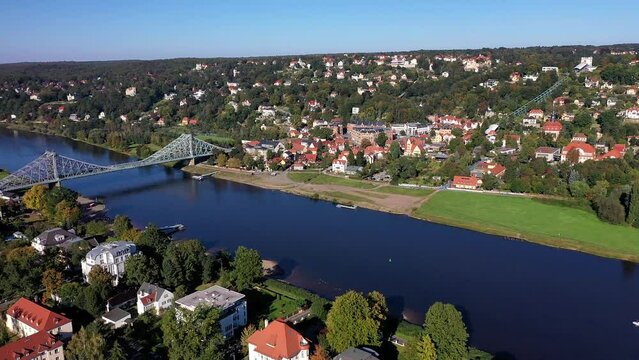Drone photo, drone shot, drone flight, drone video, Elbe, bridge, Blue Wonder, Elbe Florence, view of Loschwitz, sunshine, blue sky, suspension railway, Elbe castles, Elbe meadows, Elbe cycle path