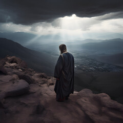 Prophet overlooking city in background from a mountain top.