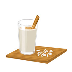 Vector illustration, Horchata drink, made from rice milk, vanilla and cinnamon, served in a glass, with a wooden base and sprinkled with rice, isolated on white background.