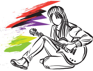 rocker 7 color brush young woman girl music career profession work doodle design drawing vector illustration