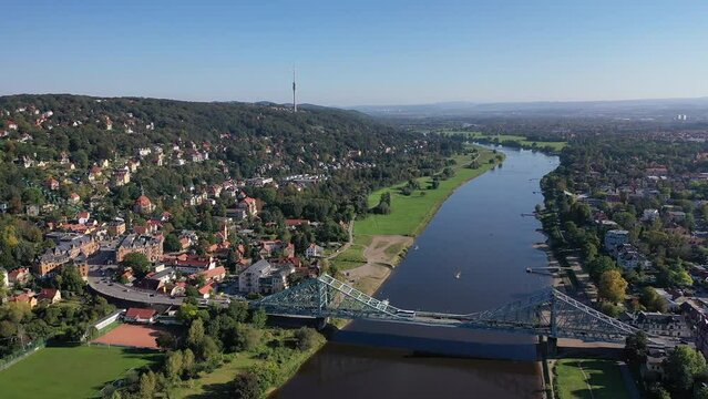 Drone photo, drone shot, drone video, drone flight around the district of Loschwitz with a view of Koernerplatz, television tower, Elbe, bridge, Blaues Wunder, Elbflorenz, sunshine, blue sky
