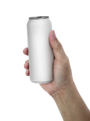 Man holding aluminum can, transparent background