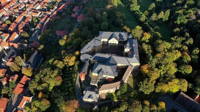 Drone photo, drone shot, drone video, drone flight over baroque castle Blankenburg with view of the town, Harz, Saxony-Anhalt, Germany, Europe