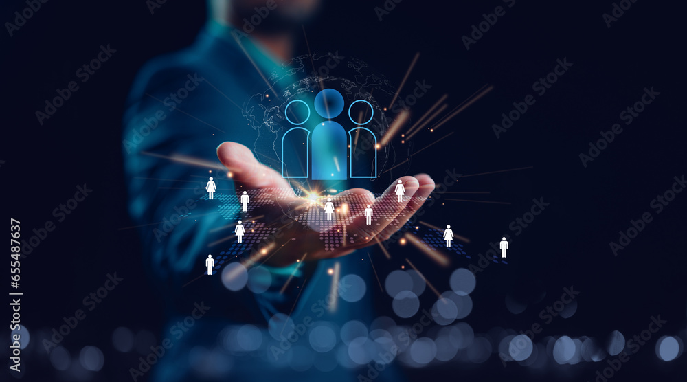 Poster Customer Relationship Management, Businessman use tablet with global structure customer network technology, Data exchanges development. customer service, social media. digital marketing online.