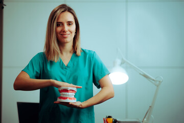 Orthodontist Doctor Holding a Healthy Teeth Orthodontic Dental Model. Cheerful dentist explain...