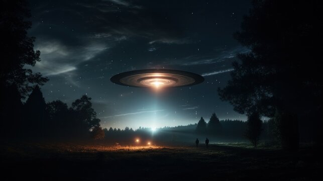 Unidentified aerial object hovering above the forest during nighttime.