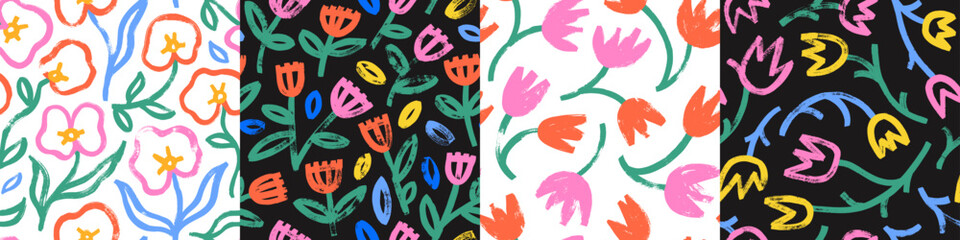 Collection seamless patterns with brush-drawn colorful tulips and lilies flowers. Abstract floral motif backgrounds. - obrazy, fototapety, plakaty