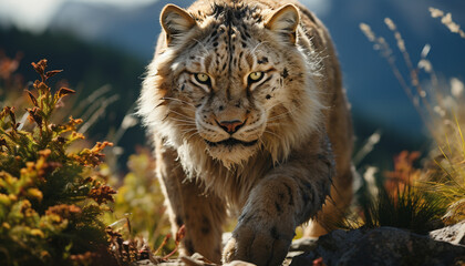 Fototapeta premium Majestic tiger staring, wild beauty in nature, tranquil wilderness scene generated by AI