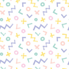 Geometric seamless pattern with pastel colored bold zigzag lines, circles and crosses.