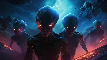 Poster Sinister alien figures looming in formation under a celestial glow, exuding an ominous vibe against a backdrop of interstellar conflict. © Liana