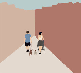 Couple walking with two dog on city street. Woman and man are having fun outdoors with their Pet. morning walk together