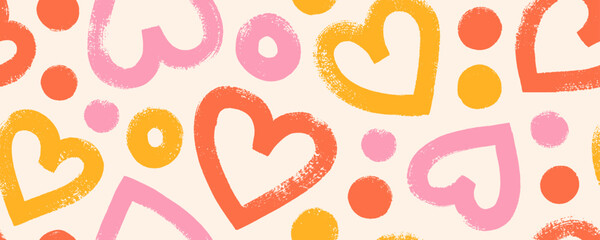 Pink and yellow hearts with dots seamless banner design. Grunge heart shapes seamless pattern.