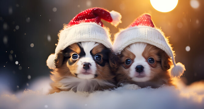 Two cuddly cute puppies in christmas hats posing for the christmas holiday