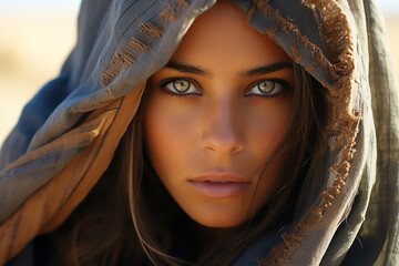 Portrait of a beautiful brunette woman in a desert, exotic mood - Generative AI