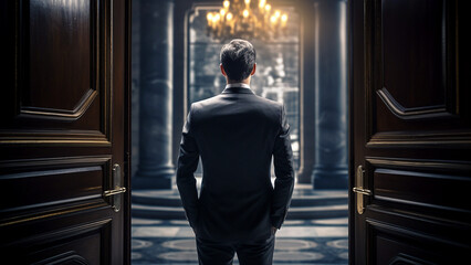 A man in a business suit enters a building from a wide door - obrazy, fototapety, plakaty
