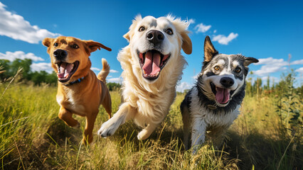Three dogs happily playing - obrazy, fototapety, plakaty