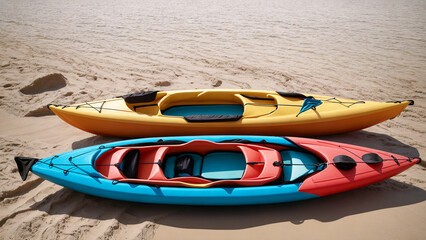 Two kayaks lying on sand - obrazy, fototapety, plakaty