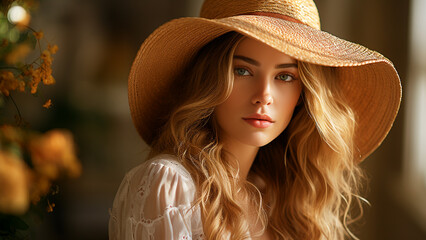 A beautiful woman wearing a strew hat - obrazy, fototapety, plakaty