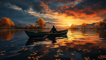 Tranquil scene  sunset reflects on water, fisherman rows in nature generated by AI
