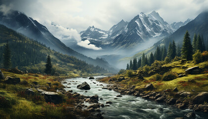 Tranquil scene  Majestic mountain peak in autumn, surrounded by forest generated by AI