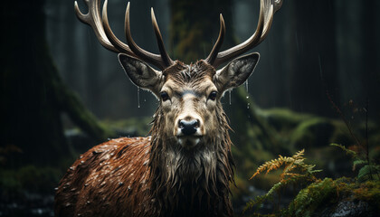 Cute stag in winter forest, close up, looking at camera generated by AI