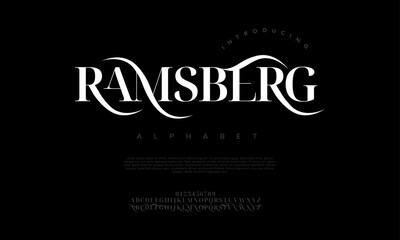 Ramsberg premium luxury elegant alphabet letters and numbers. Elegant wedding typography classic serif font decorative vintage retro. Creative vector illustration - obrazy, fototapety, plakaty