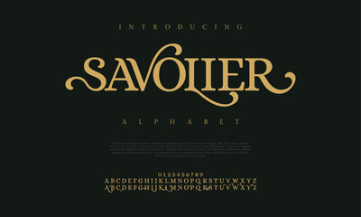 Savolier premium luxury elegant alphabet letters and numbers. Elegant wedding typography classic serif font decorative vintage retro. Creative vector illustration