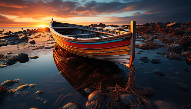 A tranquil sunset on the water, fishing boat sails into dusk generated by AI