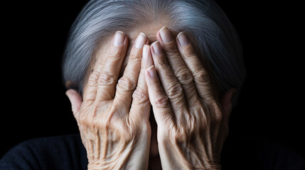 両手で顔を覆う高齢女性