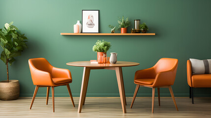 Orange leather chairs at a round dining table behind a green wall.