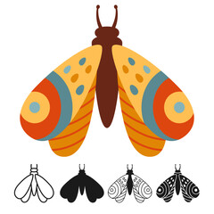 Butterfly stylized retro set. Mystical bohemian moth symbol insect wings with ornament. Colored, silhouette or symbol, doodle tattoo, line ornate celestial moth. Vintage decoration ornate kids vector