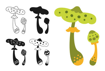Mushroom psychedelic fantastic toadstool set. Stylizes retro hippie fungus. Colored cartoon silhouette shape or symbol doodle tattoo, line ornate surreal mushrooms. Alchemy drawn vector collection