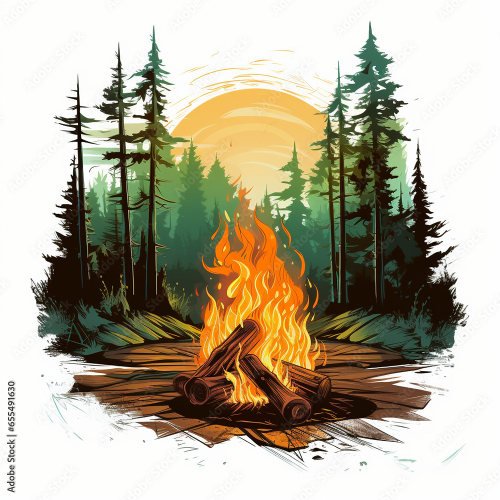 Sticker campfire in the forest