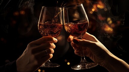 Young people toasting glass of wine. New Year Party, Christmas party time. Celebration and nightlife concept - obrazy, fototapety, plakaty
