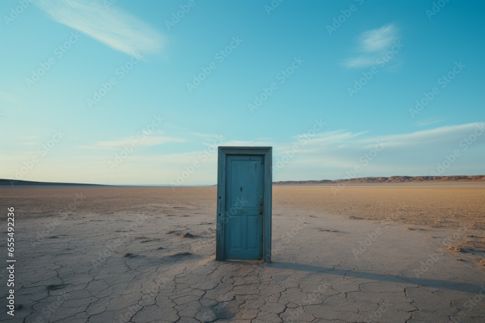 Poster door in the desert. background with selective focus and copy space