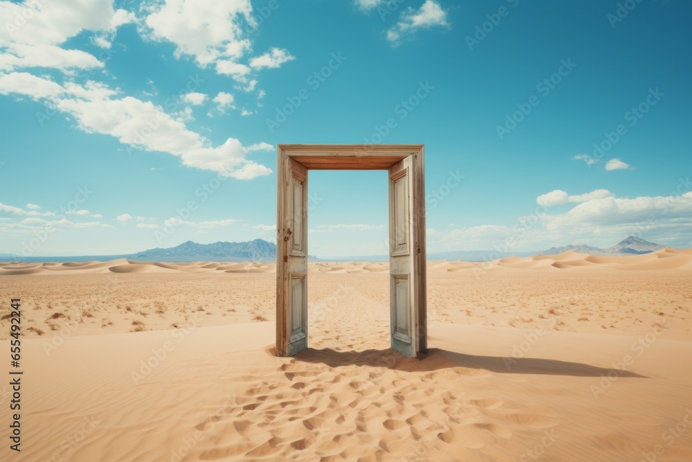 Poster abstract doors in the desert. background with selective focus and copy space