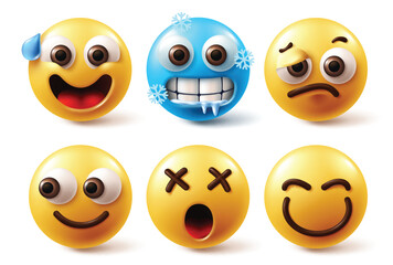 Emoji face characters vector set. Emojis emoticon yellow icon faces in frightened, chill, cold, tired and curios looking face reaction in white background. Vector illustration emoticon character 