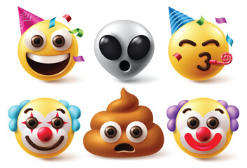 Emojis birthday vector set design. Birthday emojis and emoticon like happy face clowns, funny alien and poop characters in white background. Vector illustration birthday emojis mascot collection.   - obrazy, fototapety, plakaty
