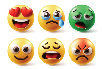 Emoji characters face vector set. Emojis emoticon facial expression in love, crying, nausea, sick, happy and disappointed icon faces in white background. Vector illustration emojis graphic elements 