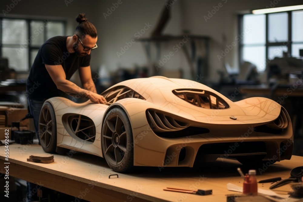 Aufkleber a model or prototype of a car in the inventions department. background with selective focus and copy