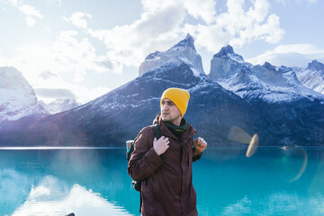 young male hiker in Torres del Paine National Park, Magallanes region, Chile