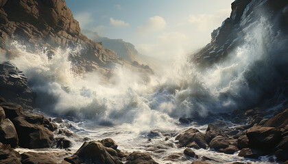 A majestic wave crashes against the rocky coastline, splashing dangerously generated by AI