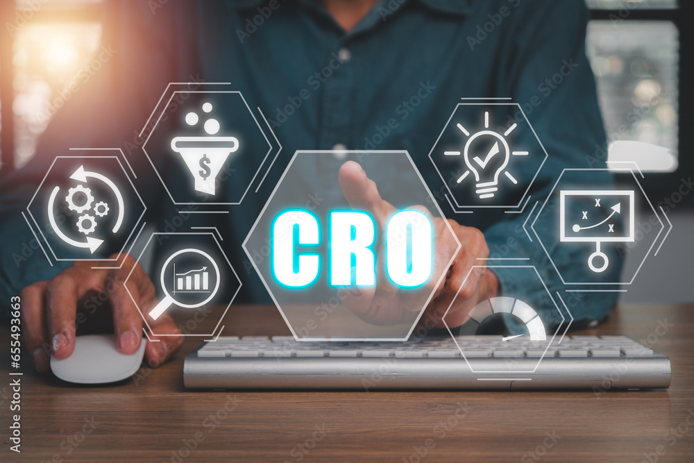 Poster cro, conversion rate optimization concept, businessman working on computer with conversion rate opti