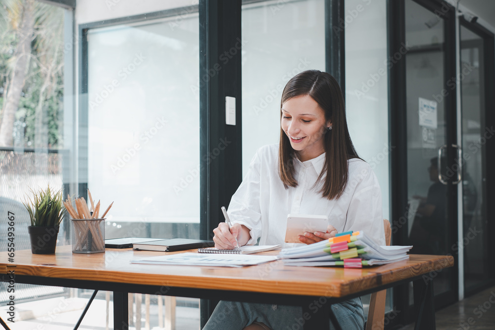 Poster businesswoman working in stacks of paper files for searching and checking unfinished document achiev