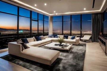 Zelfklevend Fotobehang Luxurious penthouse in Las Vegas. Modern living room with sunset city view © indofootage