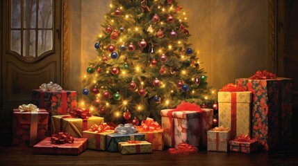 Obraz na płótnie Canvas Christmas tree and gifts generated by AI tool 