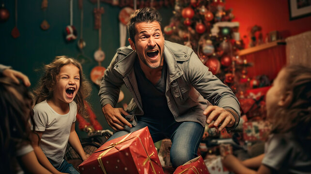 Latin father and his daughters playing excited on christmas season indoors. Generative AI.