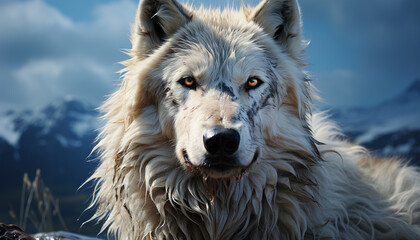 Fototapeta premium A majestic purebred dog sits outdoors in the snowy mountains generated by AI