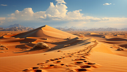 Fototapeta na wymiar Arid climate, ripples of sand dunes, majestic mountain range at sunset generated by AI
